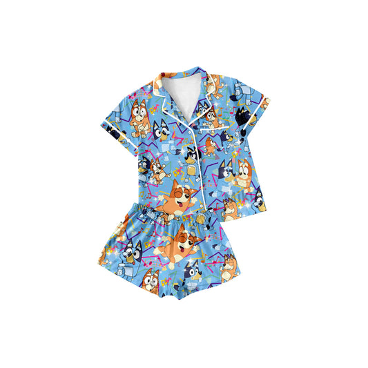 Short sleeves light blue dog kids button down pajamas