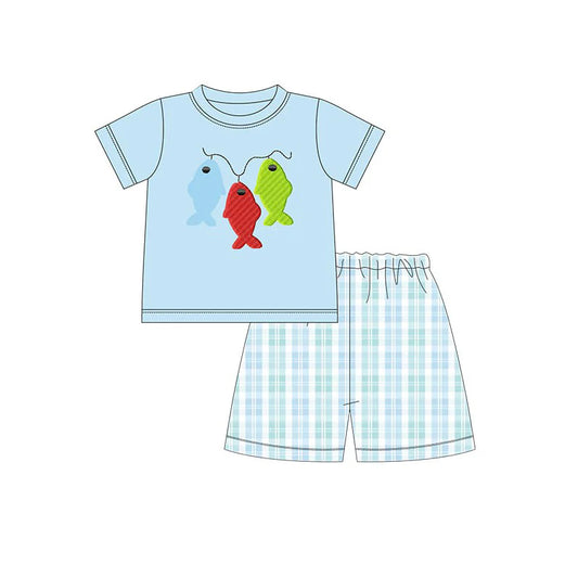 Short sleeves fishing top plaid shorts boys summer clothes