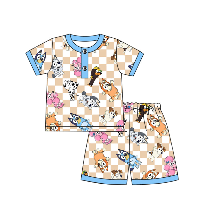 Short sleeves plaid dog kids boys summer pajamas