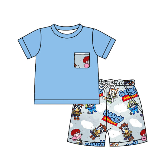 Short sleeves blue dog story kids boys summer outfits