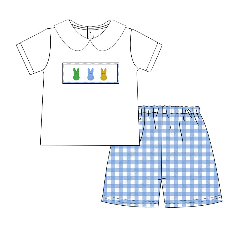 White bunny short sleeves top plaid shorts boys Easter clothes