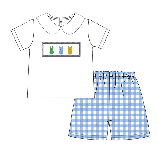 White bunny short sleeves top plaid shorts boys Easter clothes