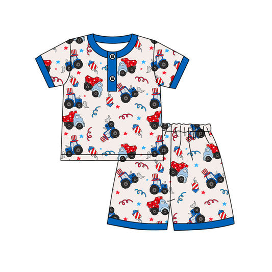 Blue short sleeves tractor kids boys 4th of july pajamas
