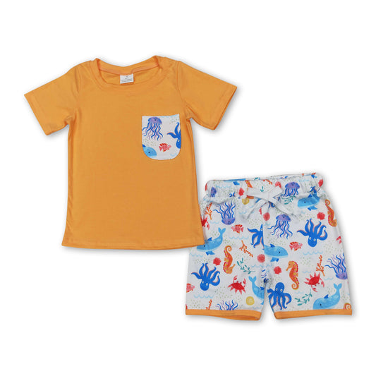 Short sleeves pocket seahorse octopus shorts boys clothes