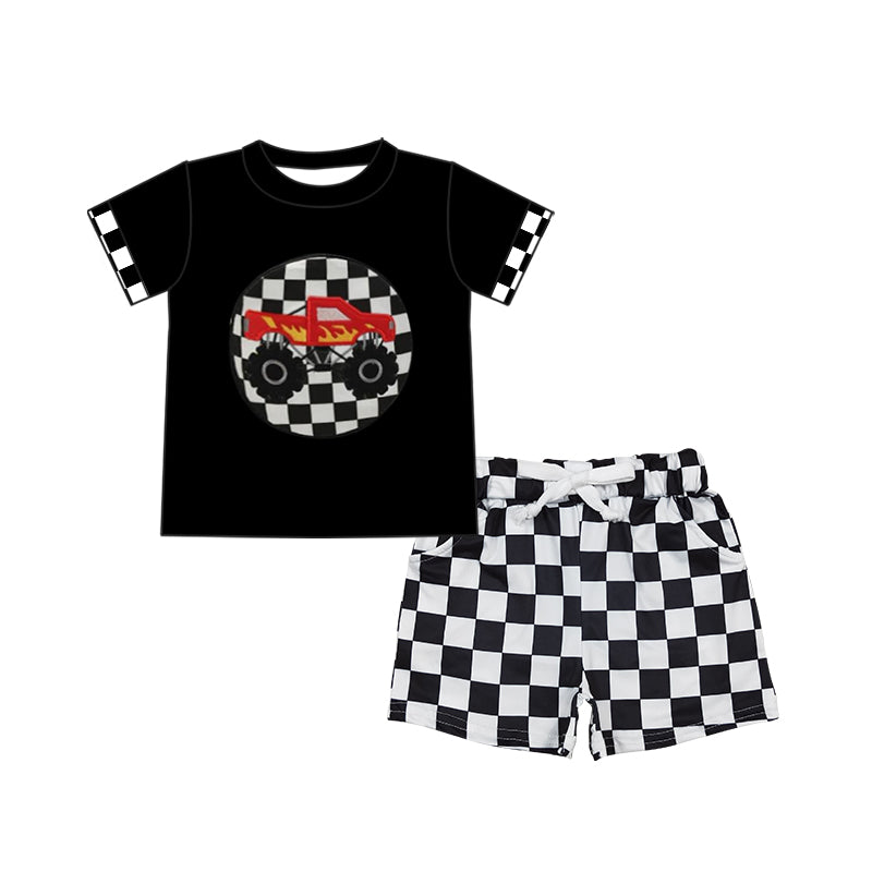 Short sleeves black plaid truck top shorts boys clothing