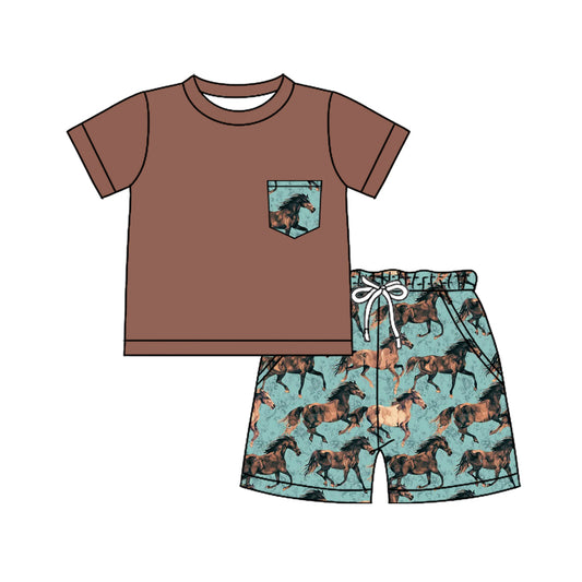 Short sleeves pocket top horse shorts kids boys clothes