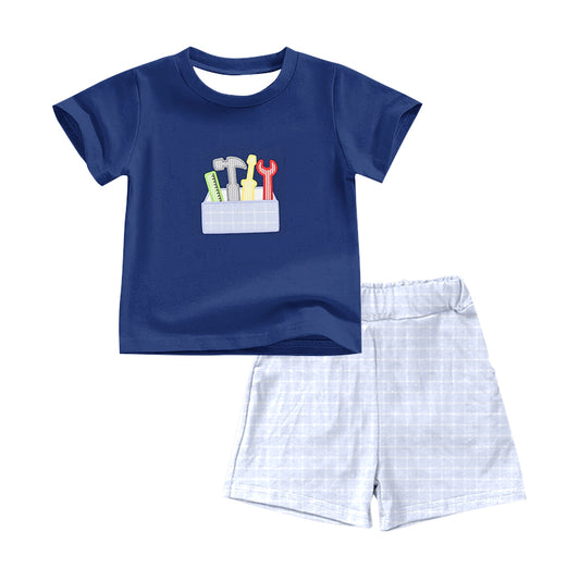 Short sleeves navy tools top plaid shorts boys clothes