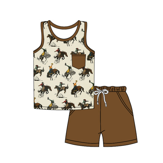 Sleeveless horse rodeo pocket top shorts toddler boys outfits