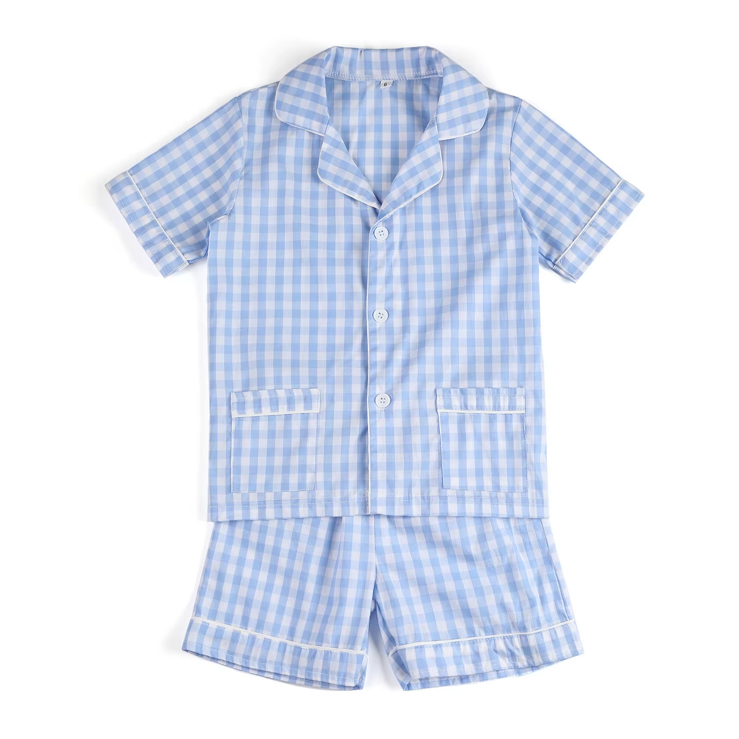 Light blue plaid pockets baby kids button down pajamas