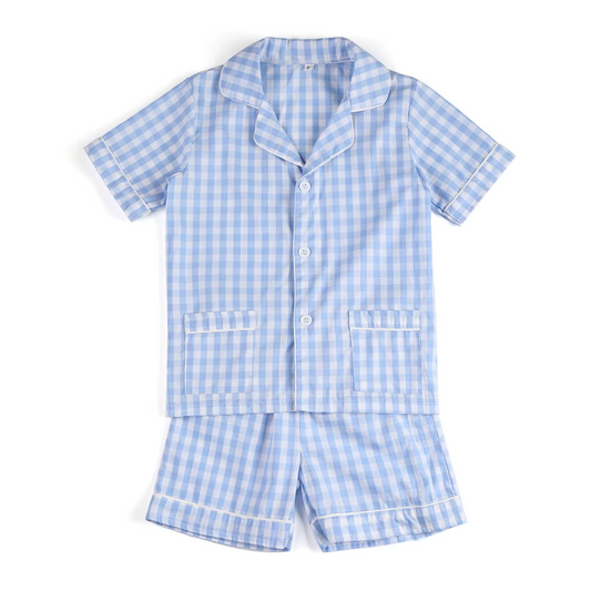 Light blue plaid pockets baby kids button down pajamas