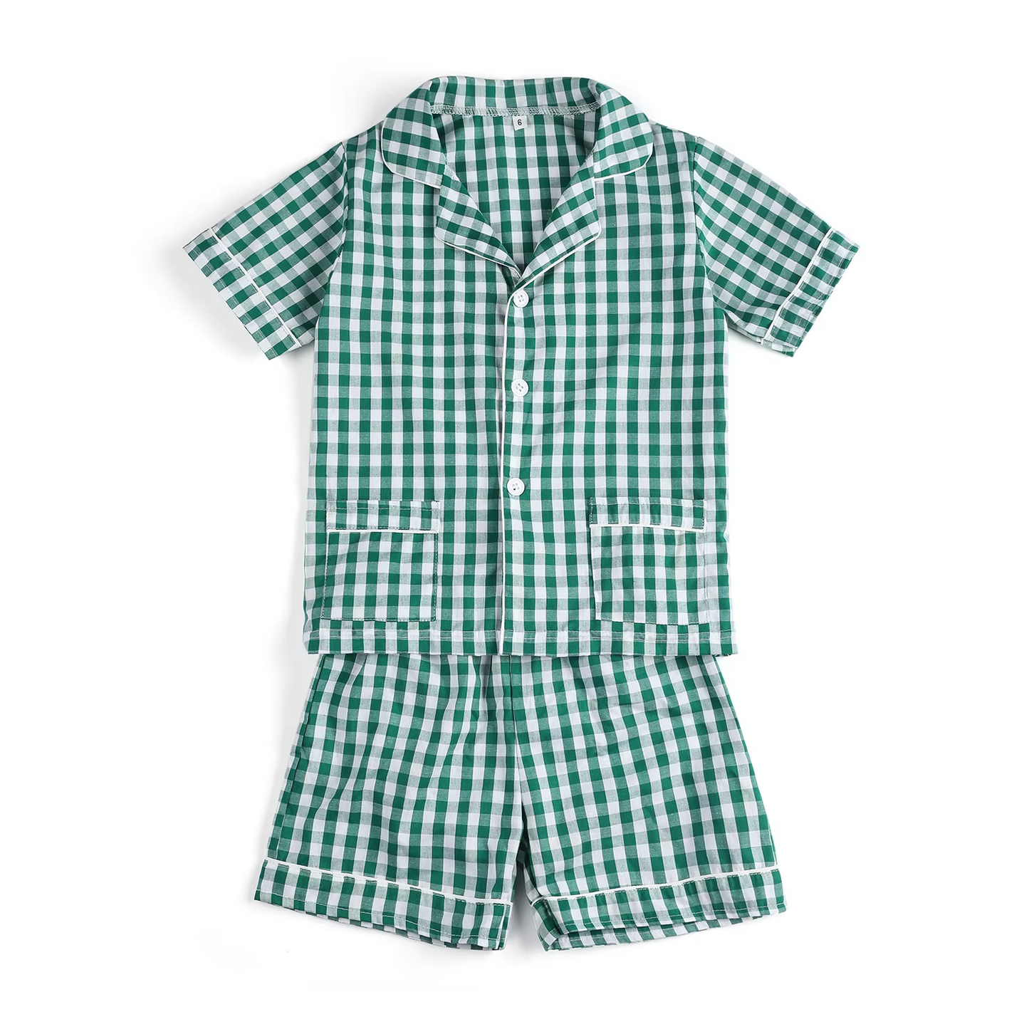 Green plaid pockets baby kids button down pajamas