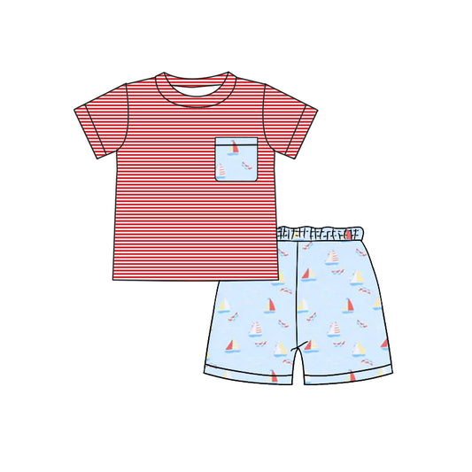 Short sleeves stripe boat pocket top shorts boys clothes