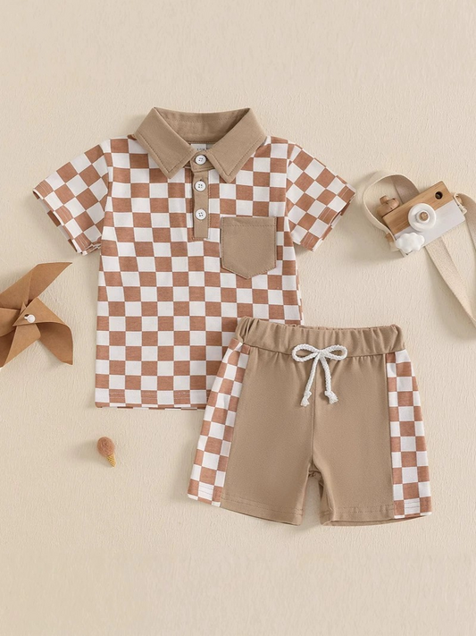 Khaki plaid polo shirt shorts skids boys clothing set