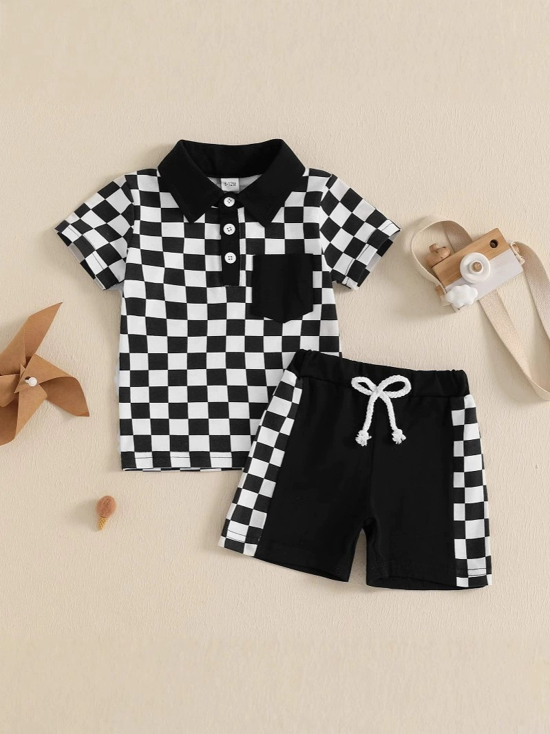 White black plaid polo shirt shorts skids boys clothing set