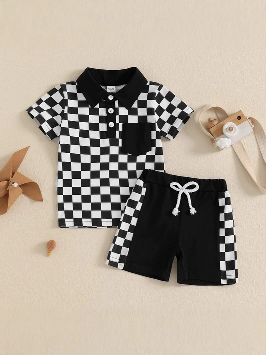White black plaid polo shirt shorts skids boys clothing set