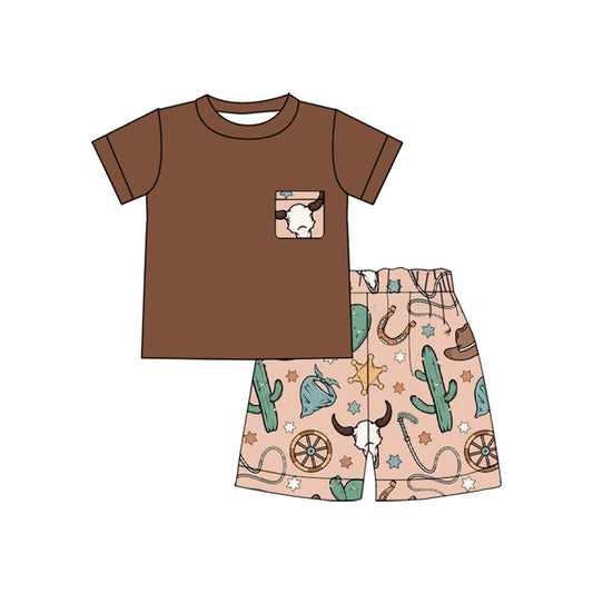 Brown pocket top bull skull shorts boys western outfits