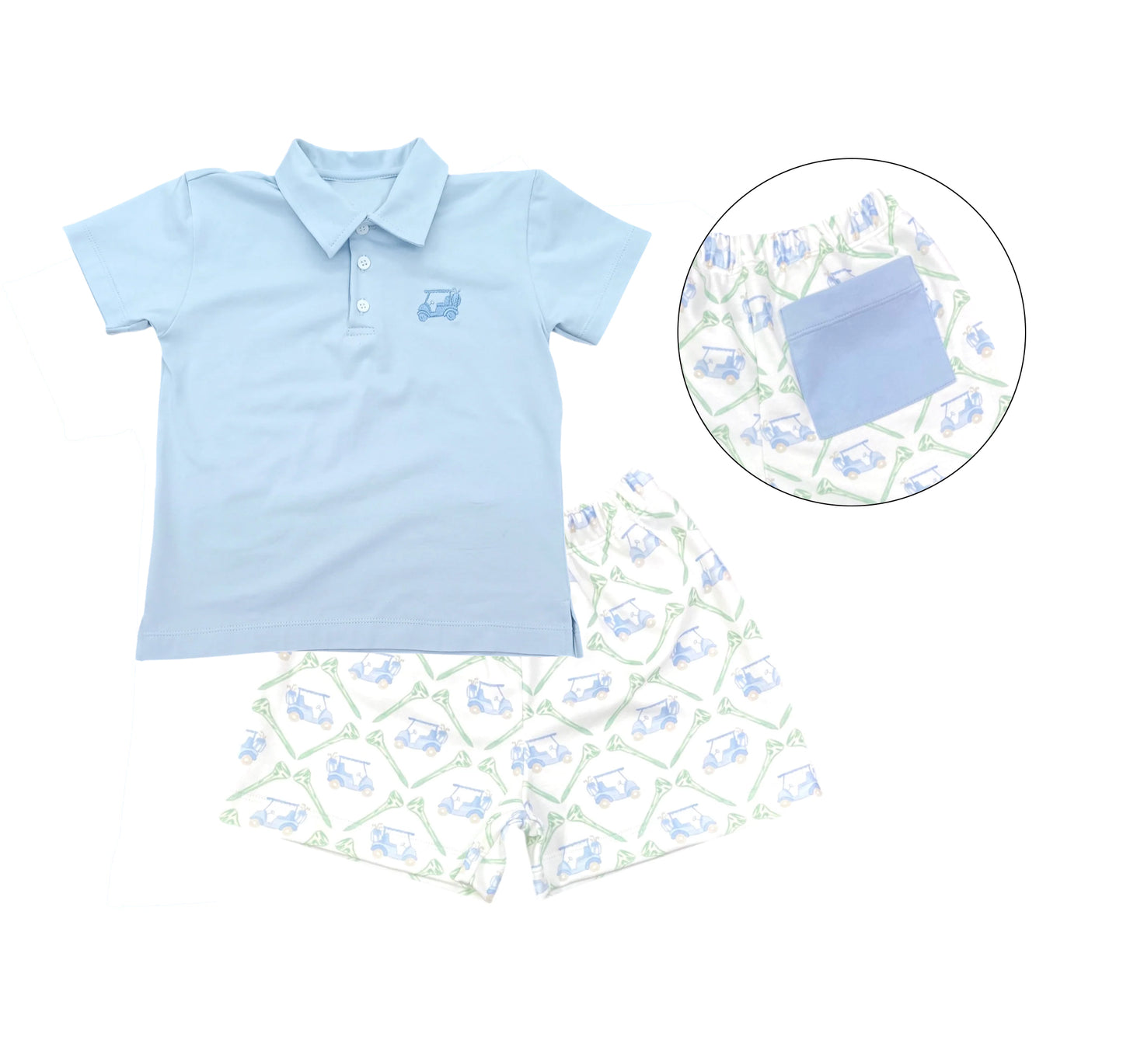 Light blue golf polo top shorts kids boys clothing set