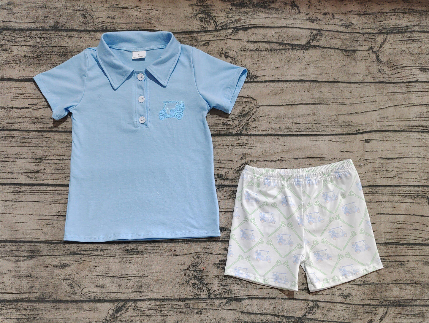 Light blue golf polo top shorts kids boys clothing set