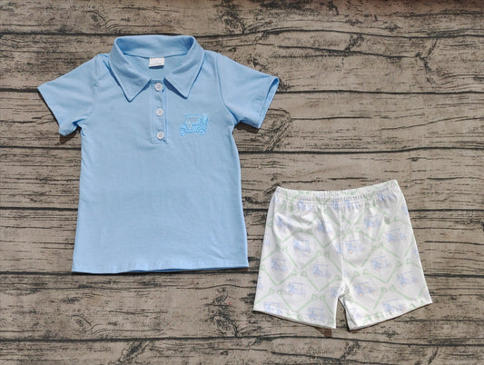 Light blue golf polo top shorts kids boys clothing set