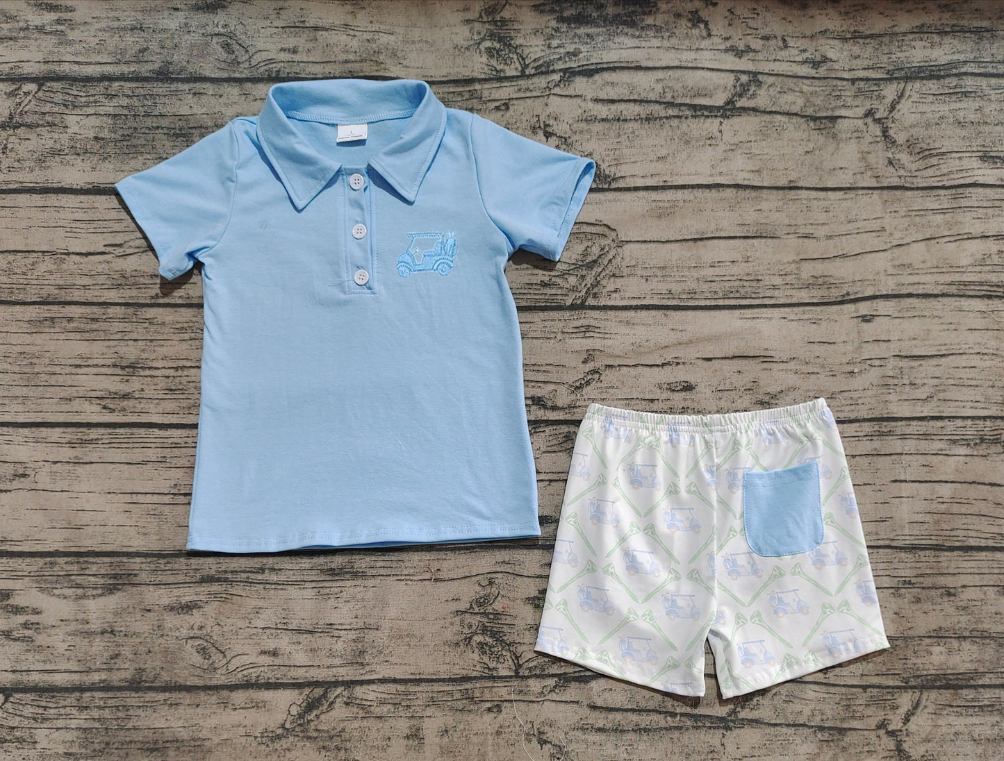 Light blue golf polo top shorts kids boys clothing set