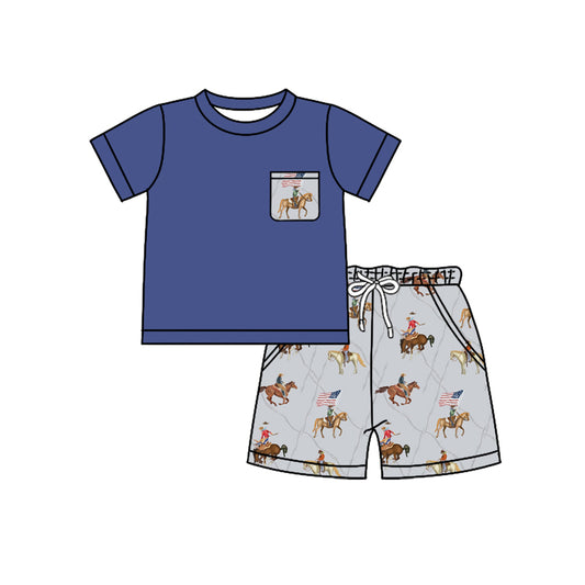 Short sleeves pocket top flag rodeo kids boys western clothes