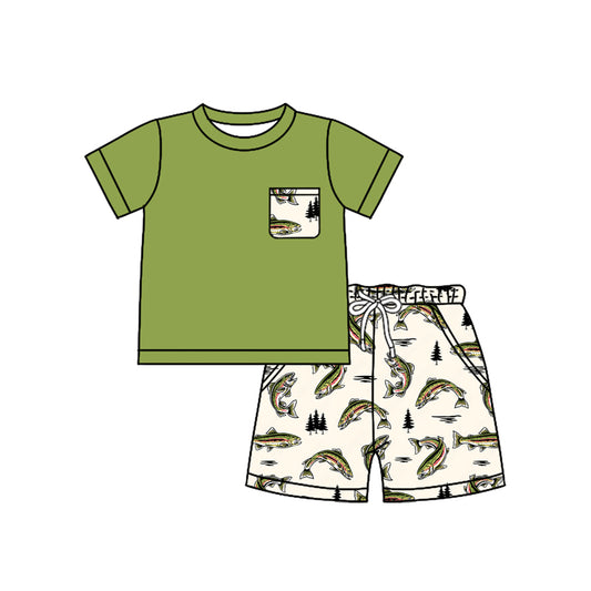 Short sleeves pocket top fish shorts kids boys clothes