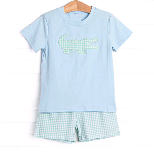 Short sleeves crocodile top plaid shorts boys clothes