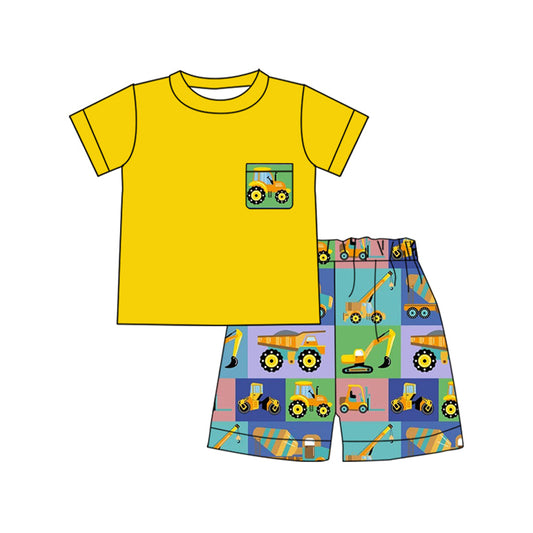 yellow tractor print kids boys summer pocket clothes