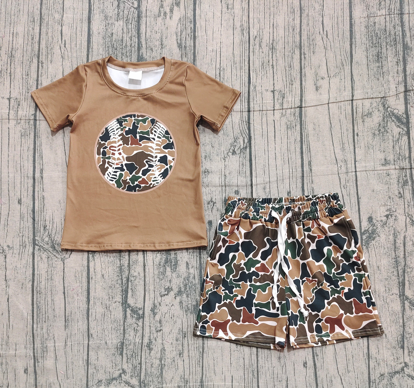 Baseball top brown camo shorts toddler boys outfits