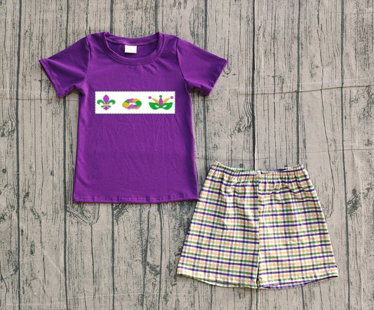 Purple donut top plaid shorts boys Mardi Gras outfits