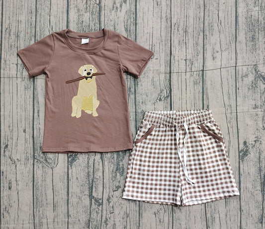 Short sleeves brown dog top plaid shorts boys clothes