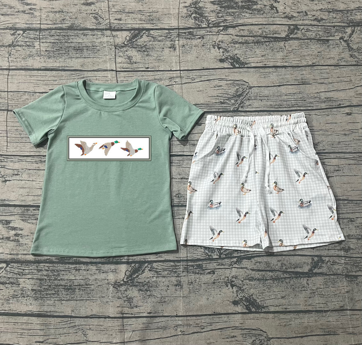 Short sleeves duck embroidery top plaid shorts boys clothes