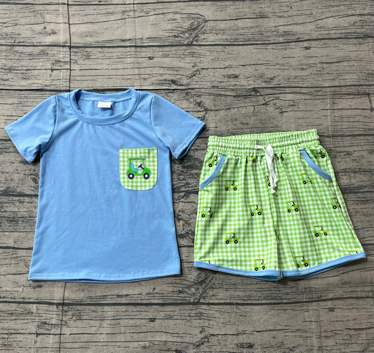 Short sleeves pocket top plaid golf car shorts boys clothing