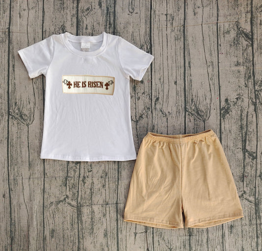 He is risen top khaki shorts boys Easter outfits