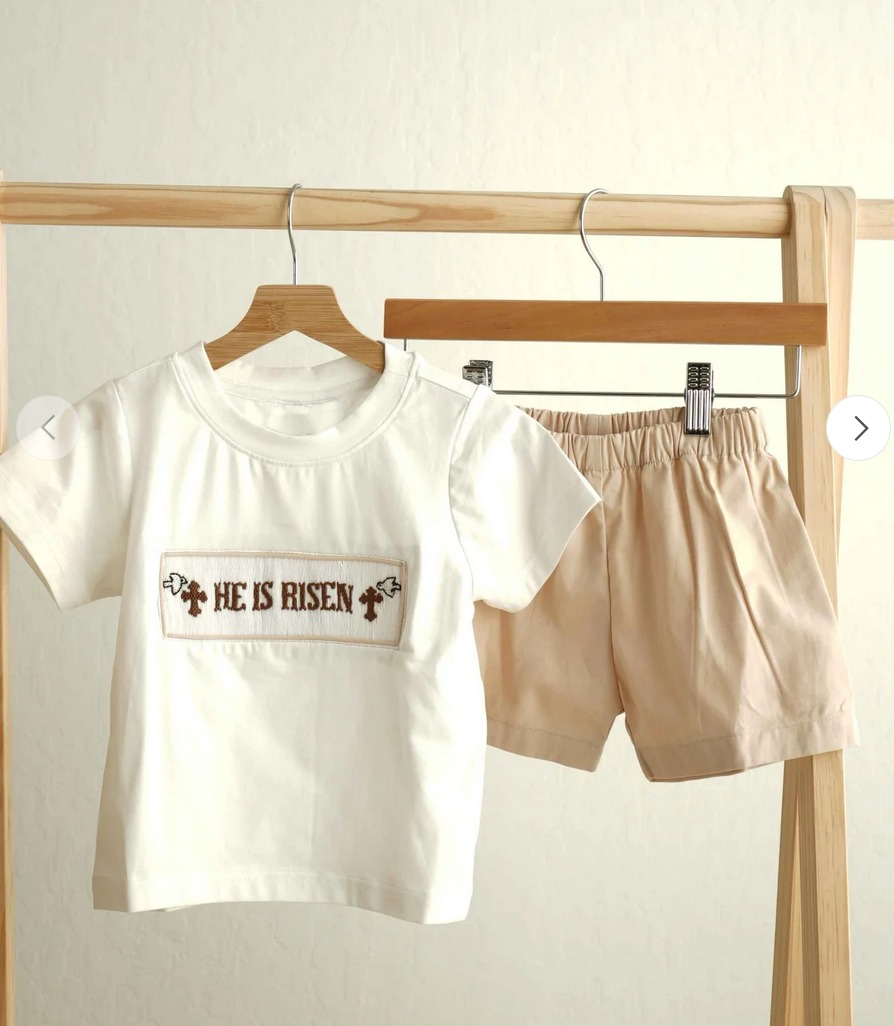 He is risen top khaki shorts boys Easter outfits