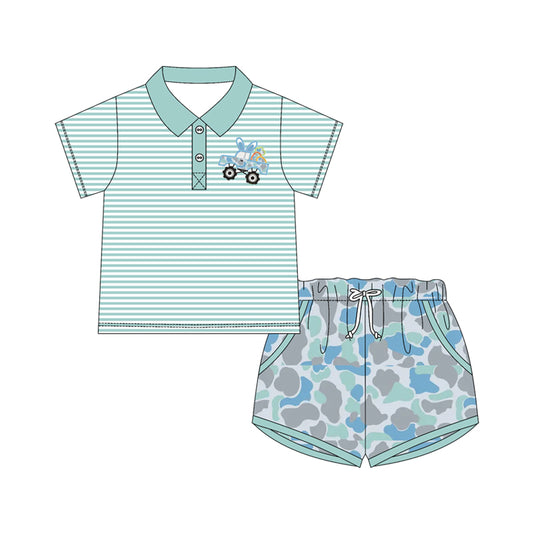 Stripe camo rabbit truck polo top shorts boys Easter clothes