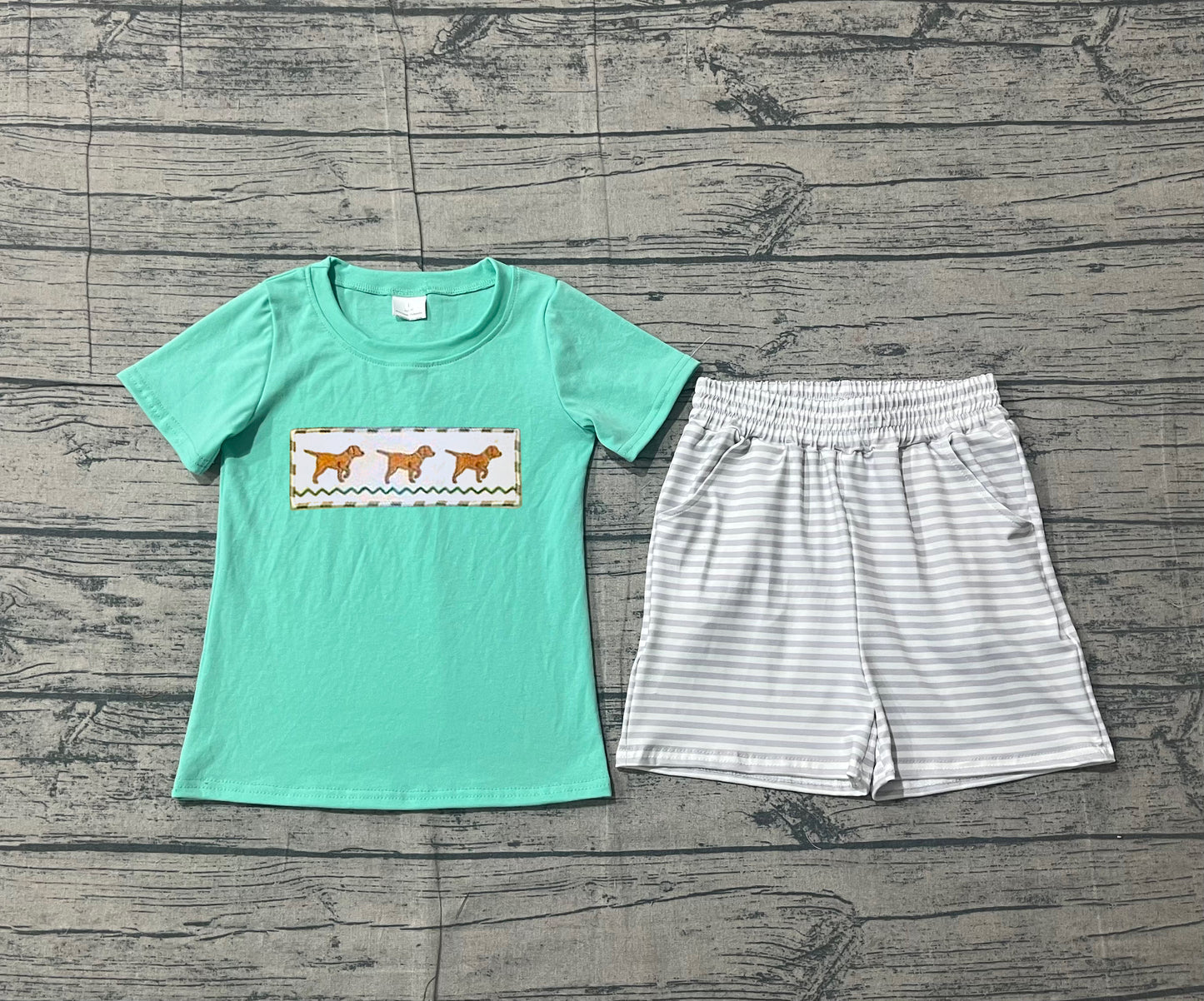 Dog embroidery top stripe shorts kids boys outfits