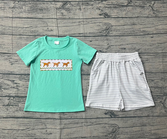 Dog embroidery top stripe shorts kids boys outfits