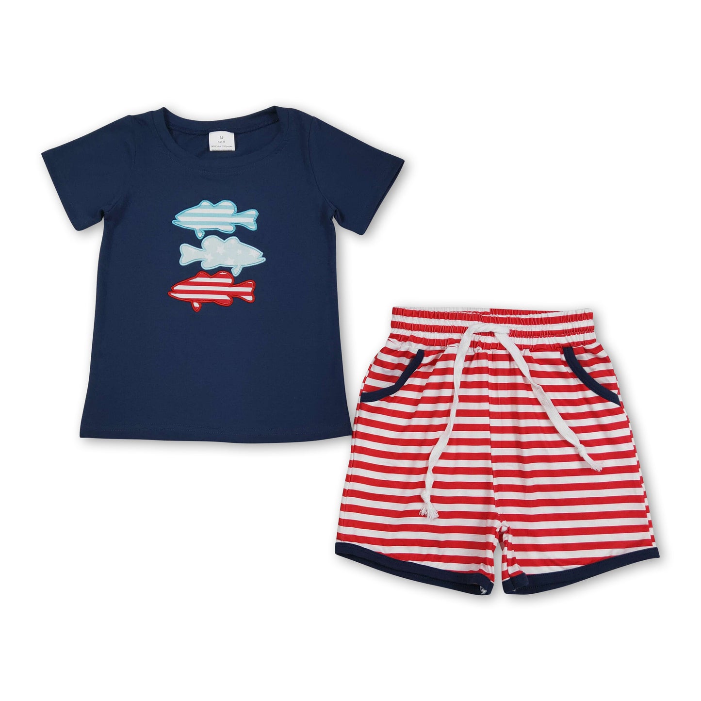 Stripe stars fish embroidery kids boys 4th of july outfits