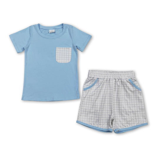 Short sleeves light blue pocket top plaid shorts boys outfits