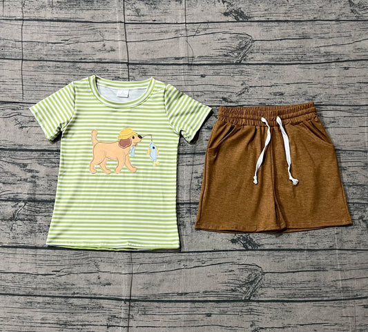 Stripe dog fishing embroidery top shorts kids boys outfits