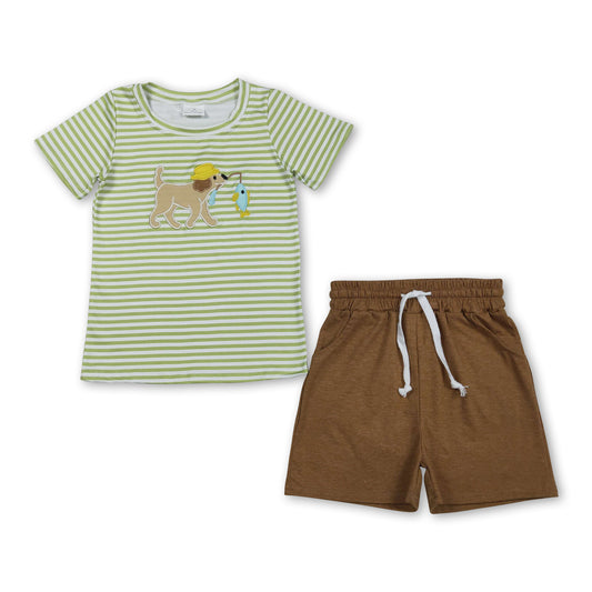 Stripe dog fishing embroidery top shorts kids boys outfits