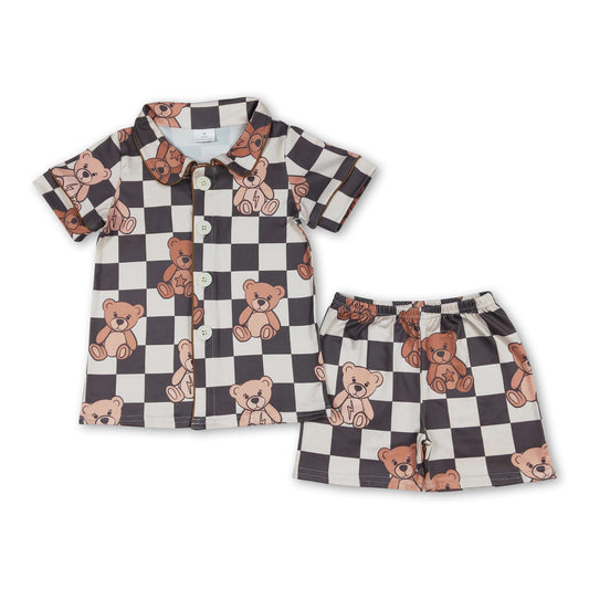 Short sleeves black plaid bear baby kids button down pajamas