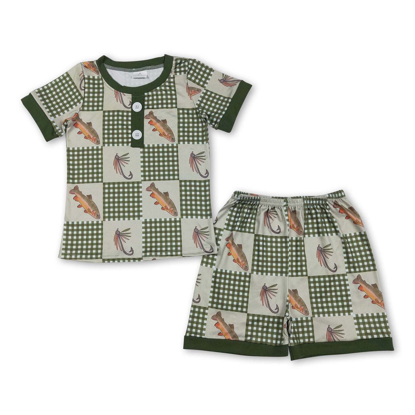 Short sleeves plaid fish top shorts kids boys outfits
