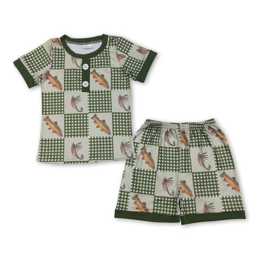 Short sleeves plaid fish top shorts kids boys outfits