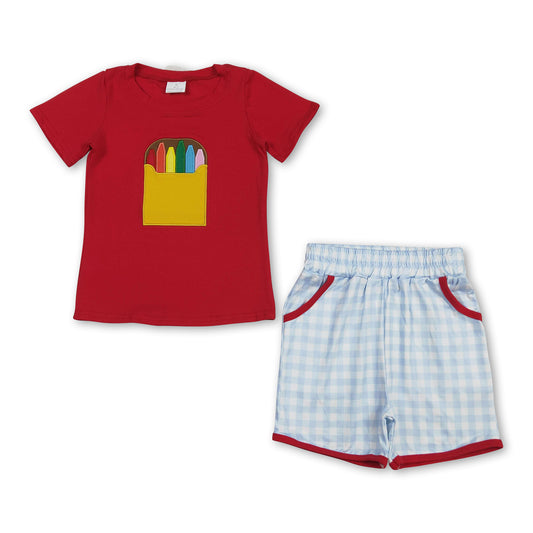 Crayon embroidery plaid boys back to school outfits