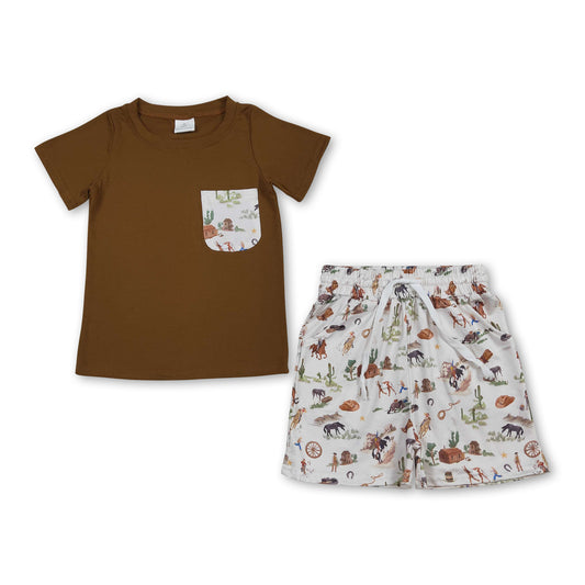 Short sleeves pocket brown top rodeo cactus boy outfits