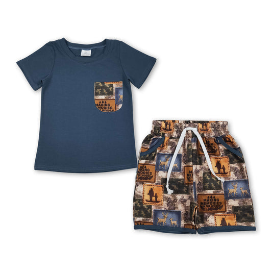 Blue short sleeves pocket top deer camo shorts boys outfits