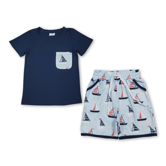 Navy short sleeves top boat shorts kids boys summer outfits