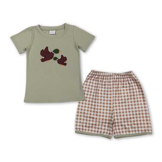 Short sleeves duck embroidery top plaid shorts boys outfits